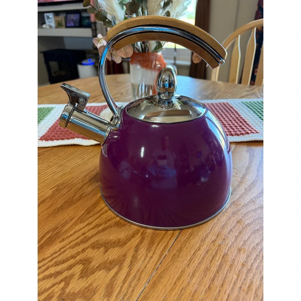 Pinky Up Whistling Tea Kettle Purple Enamel Stainless Steel Wood Grain Handle
